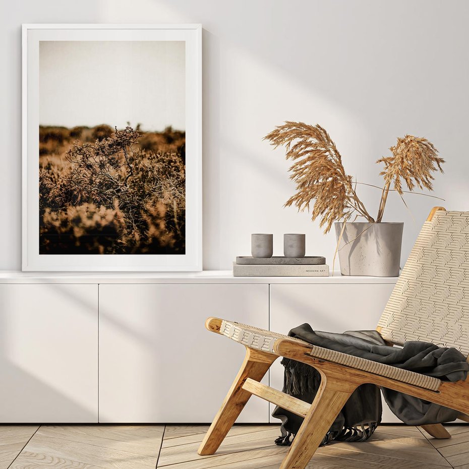 Plakat w ramie 40x50 - Krajobraz W Naturze: Beże i Brązy - suche krzewy, natura - rama biała