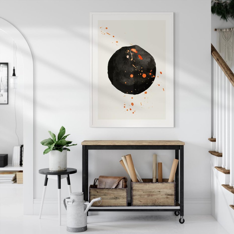 Plakat bez ramy 50x70 - Wnętrza Marzeń - abstrakcyjna czarna plama, rozsiane pomarańczowe kropki
