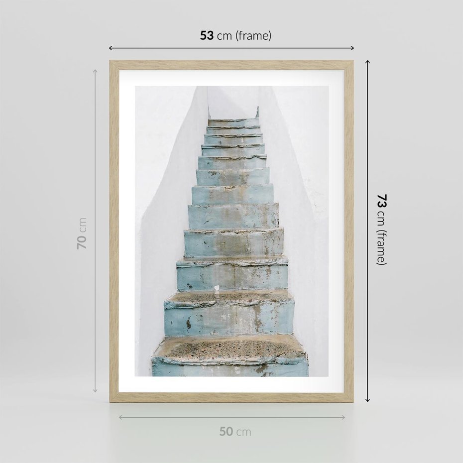 Plakat w ramie 50x70 - Niebieskie Schody Santorini - stare kamienne schody, niebieskie schody - rama drewno