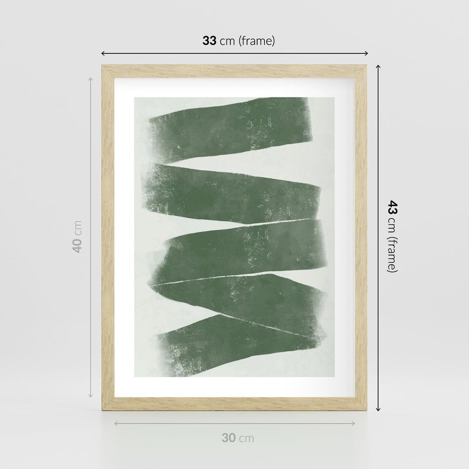 Plakat w ramie 30x40 - Zielone Refleksje - abstrakcja, zgaszony zielony kolor - rama drewno