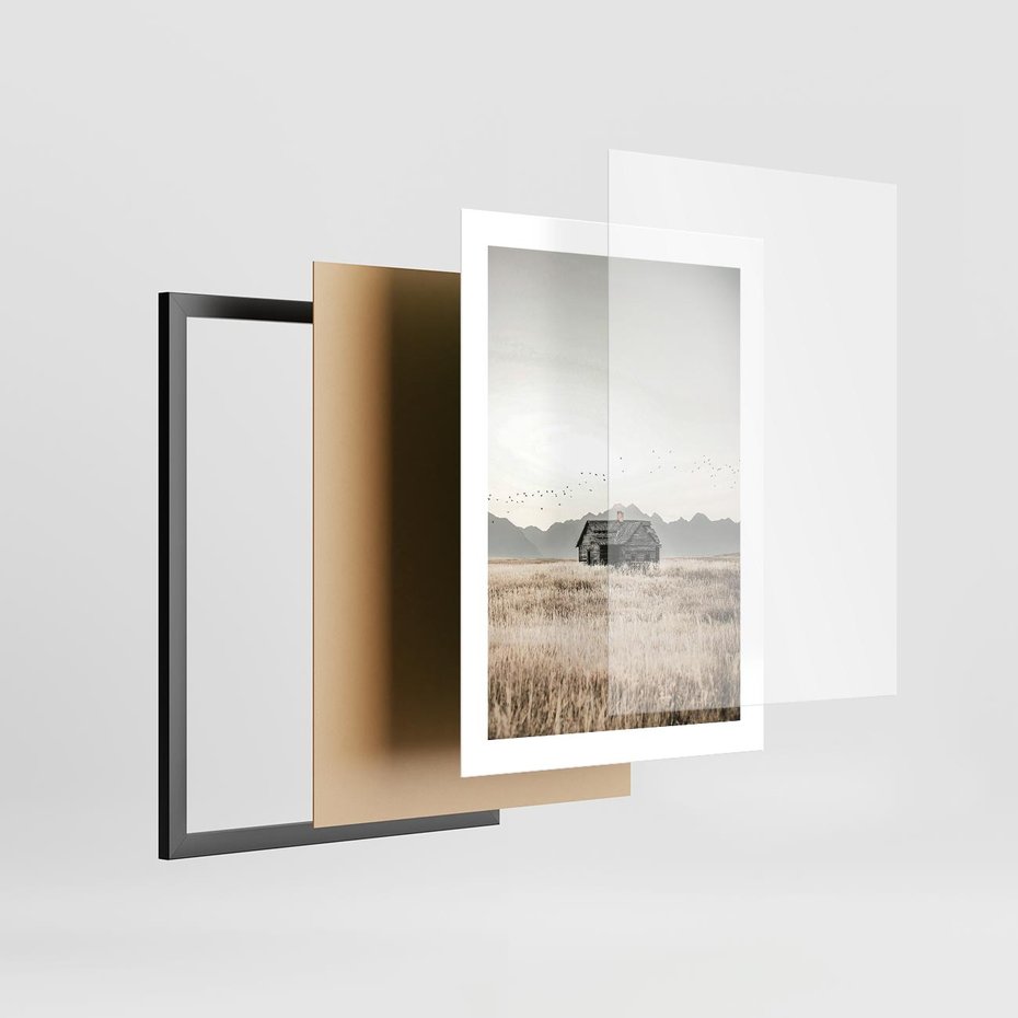 Plakat w ramie 30x40 - Wiejska Idylla - stary drewniany dom w polu suchej trawy, fotografia - rama czarna