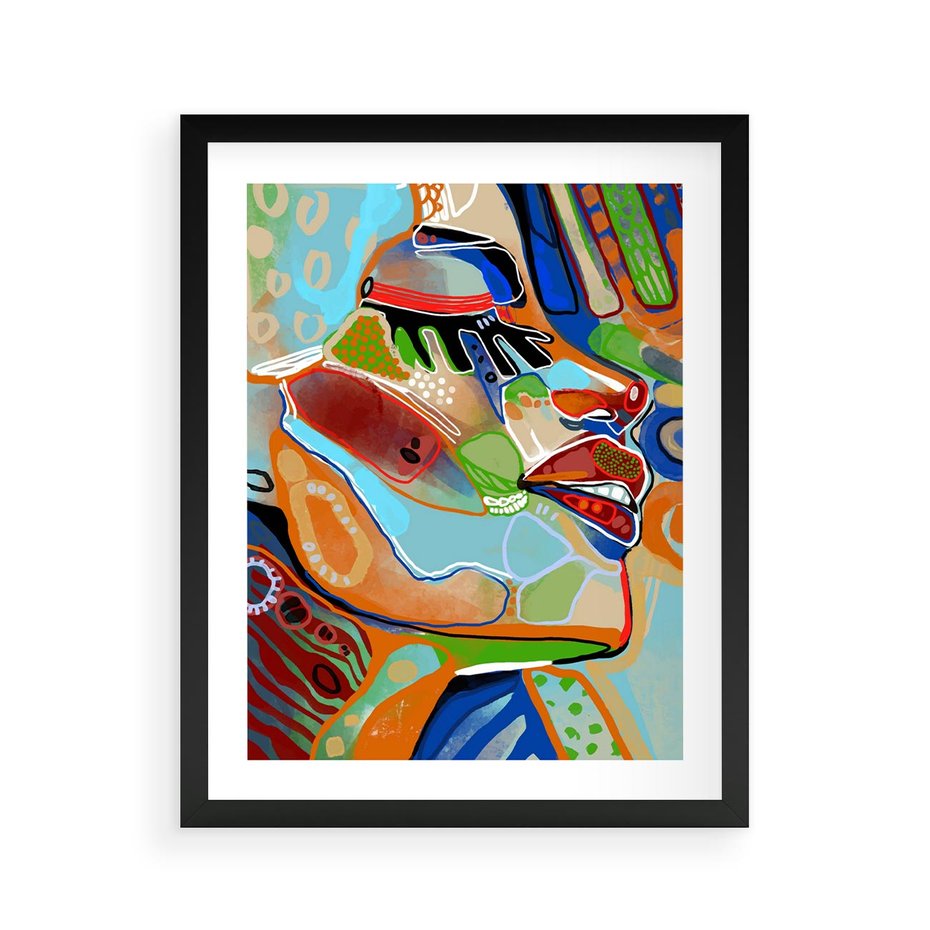 Plakat w ramie 40x50 - Kolorowe Wnętrza Kształtów - abstrakcyjny portret kobiety, twarz - rama czarna