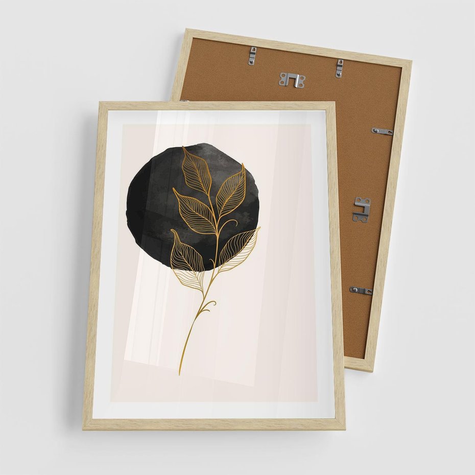 Plakat w ramie 50x70 - Złoty Liść na Czarnej Plamie - grafika, złoty liść - rama drewno