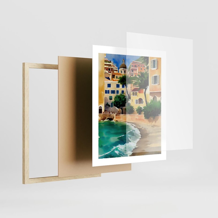 Plakat w ramie 40x50 - Zamieszkajmy Tu - akwarela, śródziemnomorski klimat - rama drewno