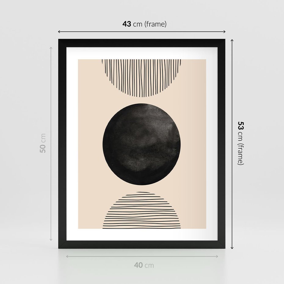 Plakat w ramie 40x50 - Minimalizm w Kształtach - geometryczny graficzny obraz, czarne koło - rama czarna