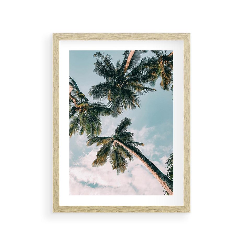 Plakat w ramie 30x40 - Wzrok ku Niebu - palmy na tle nieba, ujęcie z dołu - rama drewno