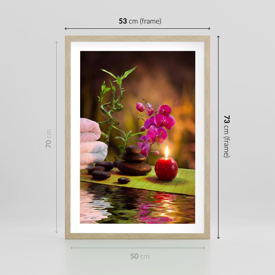 Plakat w ramie 50x70 - Światło Świecących Kwiatów w Spa - spa, świaca - rama drewno