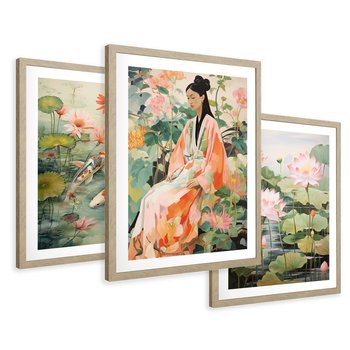 Zestaw obrazy w ramie 50x70 galeria - japonia, orient, kwiaty, japandi - rama drewno