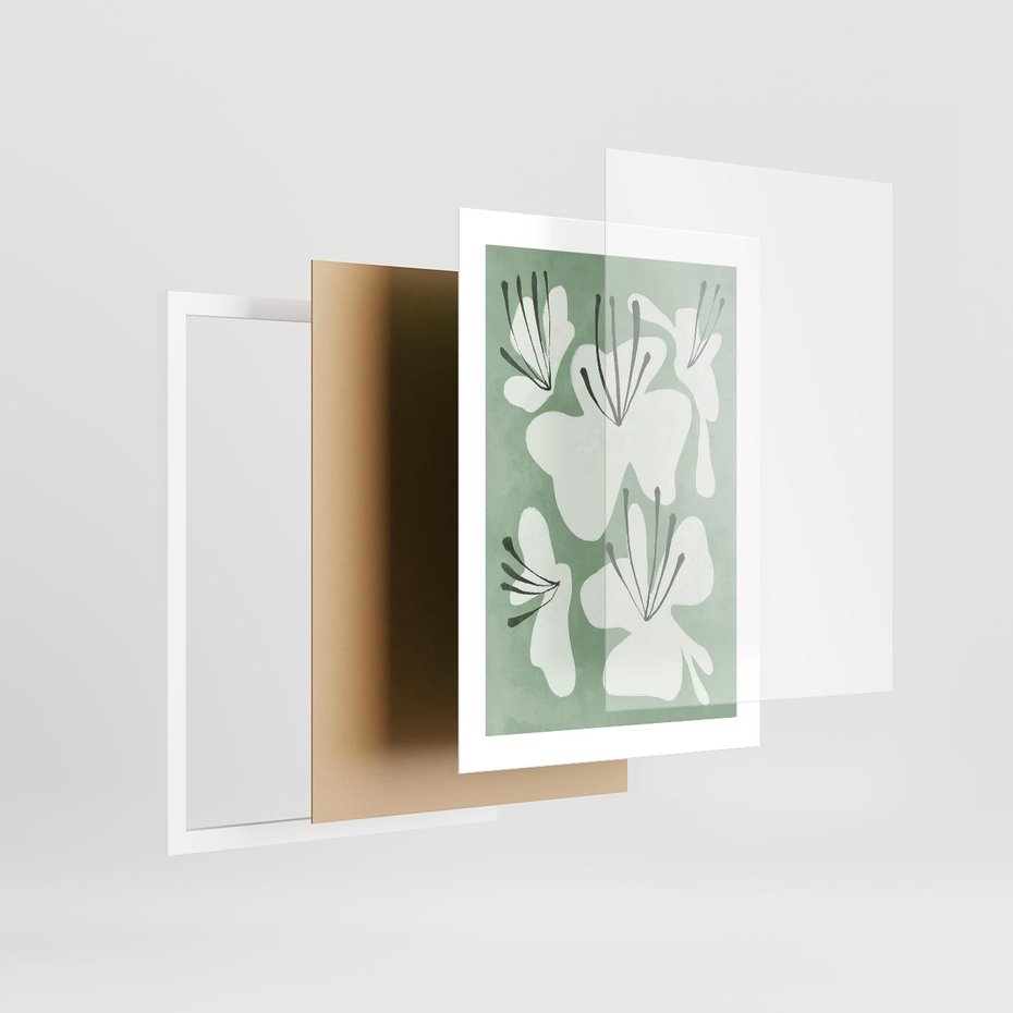 Plakat w ramie 30x40 - Rozkwitające Ukojenie - zgaszona zieleń, kwiaty - rama biała