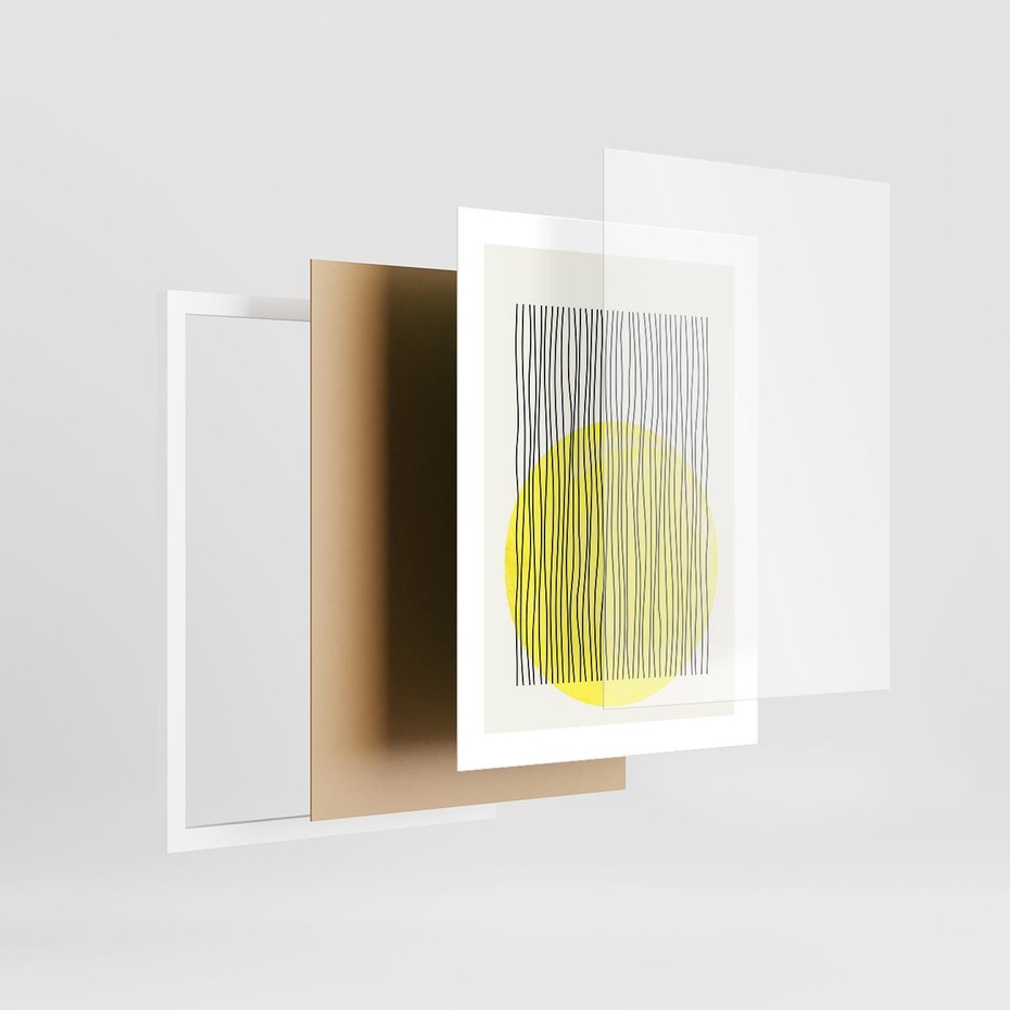 Plakat w ramie 30x40 - Ciepłe Przenikanie - geometria, żółte koło - rama biała