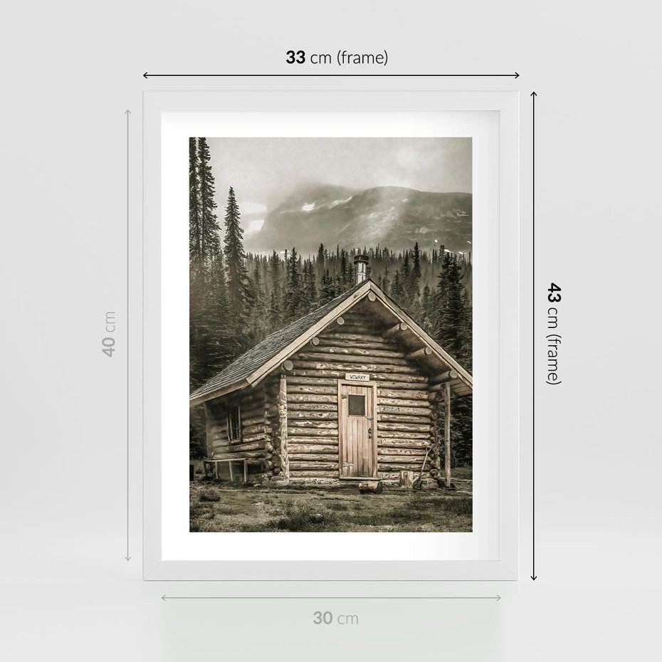 Plakat w ramie 30x40 - Urok Drewnianej Chatki w Górach - chatka w górach, drewniany domek - rama biała