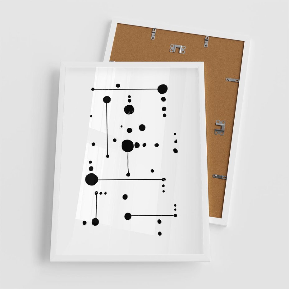 Plakat w ramie 50x70 - Nocne Zawirowania - abstrakcyjny plakat, czarne kropki i kreski - rama biała