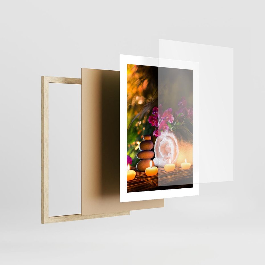 Plakat w ramie 30x40 - Relaksujące spa z płonącymi świecami - spa, świece - rama drewno