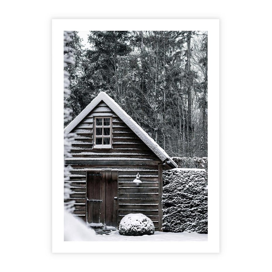 Plakat bez ramy 40x50 - Zaklęta Zima - domek w lesie, śnieg