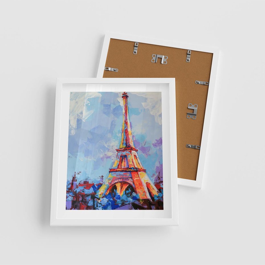 Plakat w ramie 40x50 - Paryska Wieża - olejny abstrakcyjny obraz, wieża eiffla - rama biała
