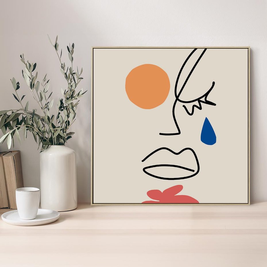 Obraz w ramie 80x80 - Impresje Plam - abstrakcyjny obraz, przypomina twarz - rama drewno