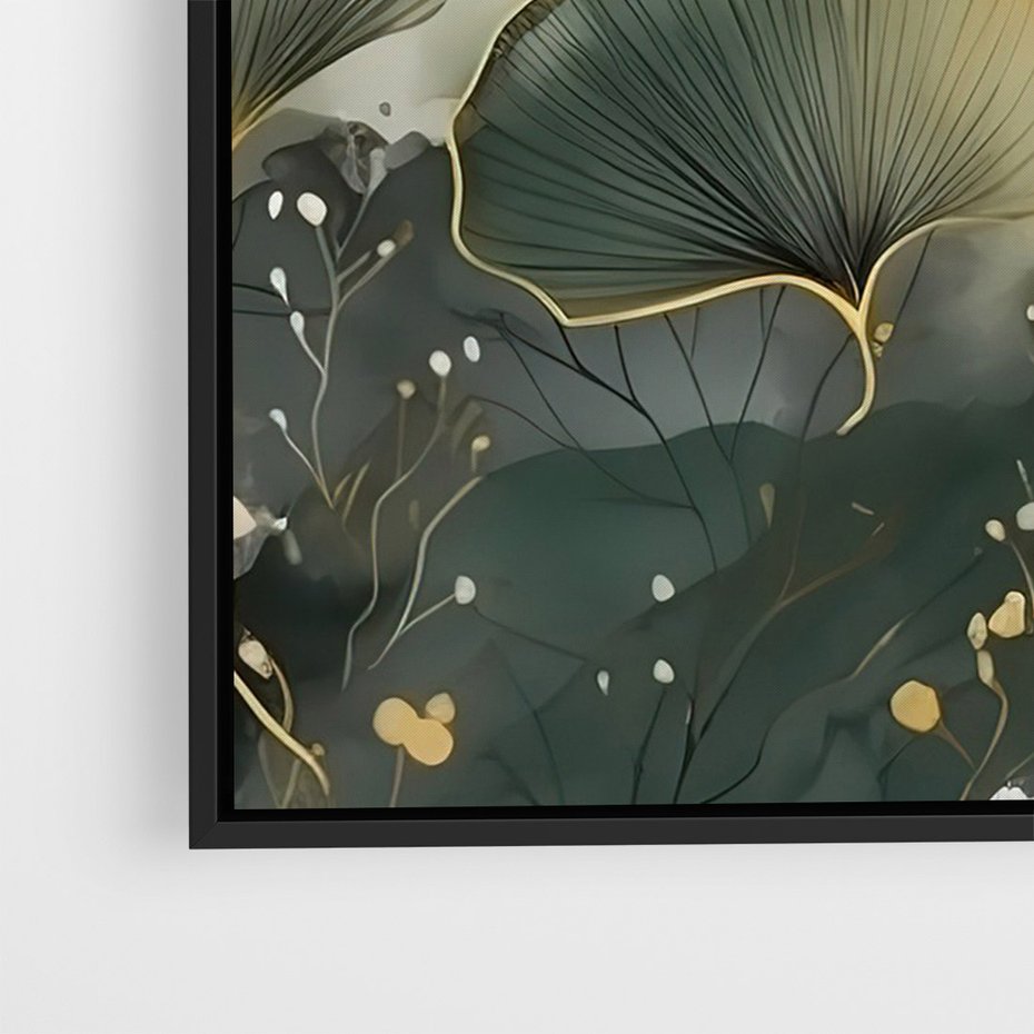 Obraz w ramie 50x70 - Natura w Złotym Odcieniu - złote elementy, liście miłorzębu japońskiego - rama czarna