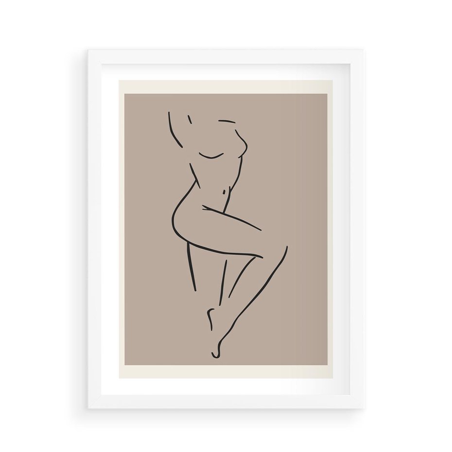 Plakat w ramie 50x70 - Zanikająca Wyobraźnia - mnimalistyczny akt, beżowa tonacja - rama biała