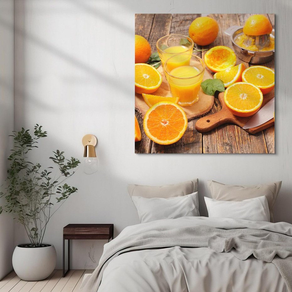 Obraz na płótnie 60x60 - Soczyste pomarańcze i soki - pomarańcze, soki