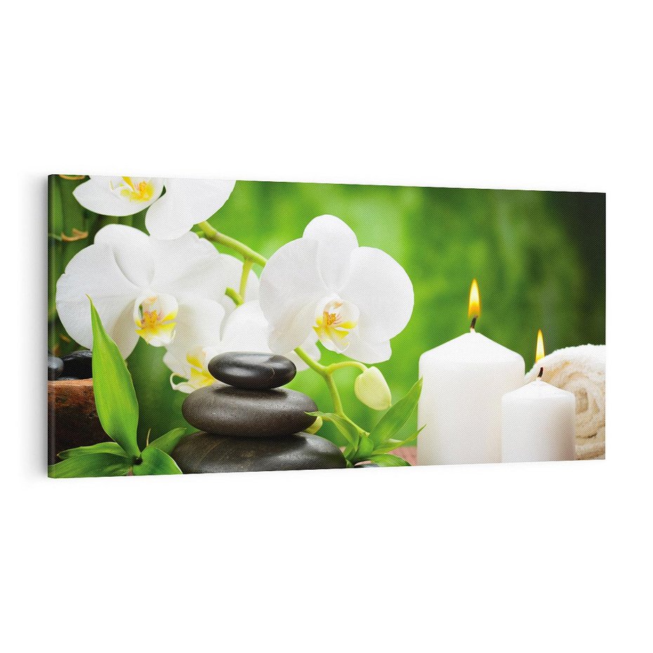 Obraz na płótnie 100x50 - Relaksacyjny SPA: masaż z kamieniami i kwiatami - SPA, masaż