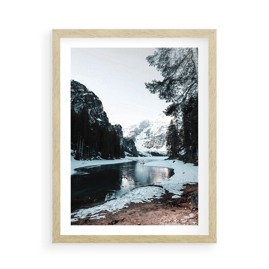 Plakat w ramie 50x70 - Zamarznięta Rzeka - zima w górach, zamarznięta rzeka - rama drewno