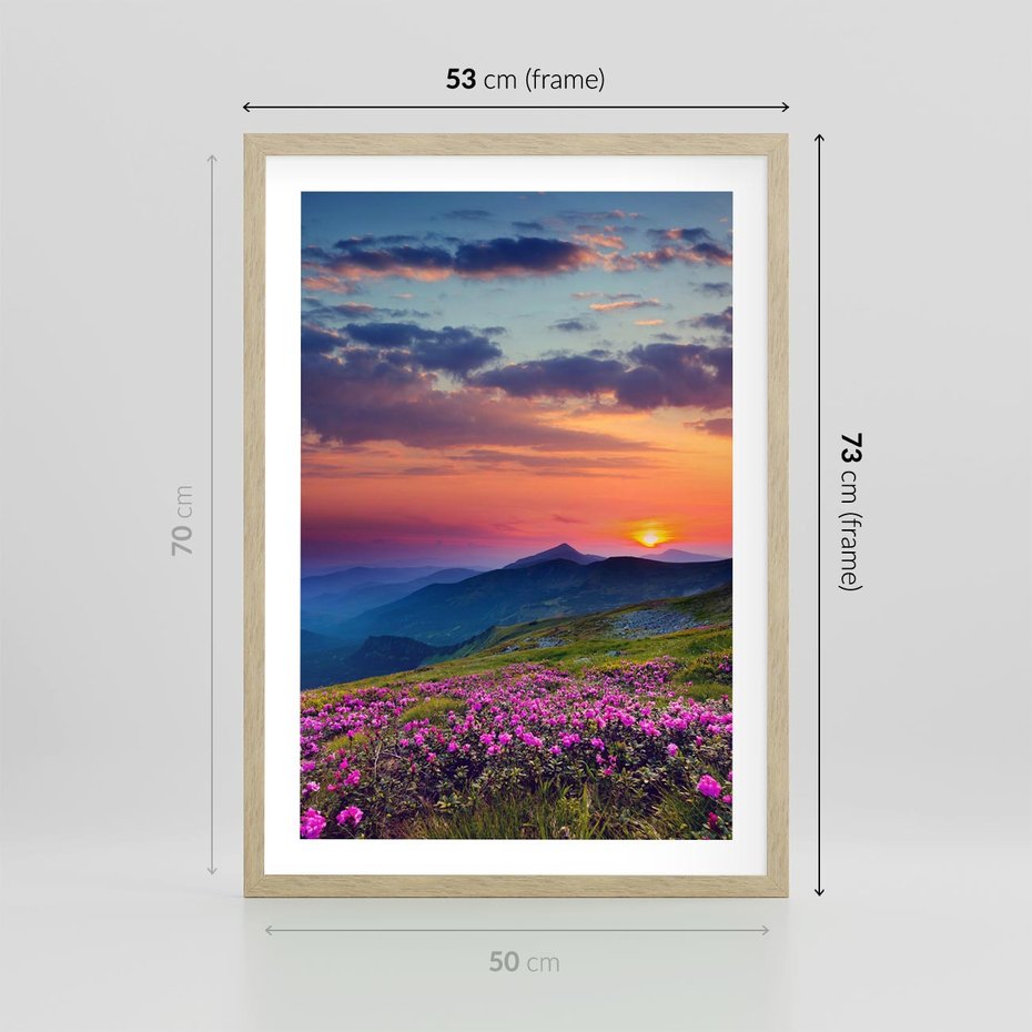Plakat w ramie 50x70 - Górski Zachód - góry, łąka - rama drewno