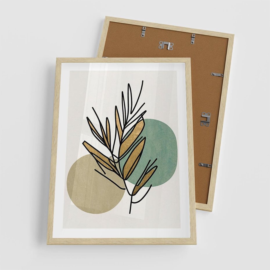 Plakat w ramie 50x70 - Migocące Ścieżki Wizji - abstrakcyjny obraz boho, liście - rama drewno