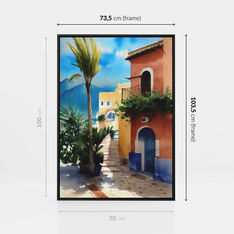 Obraz w ramie 70x100 - Spokój Miasta nad Morzem - akwarela, sródziemnomorski klimat - rama czarna