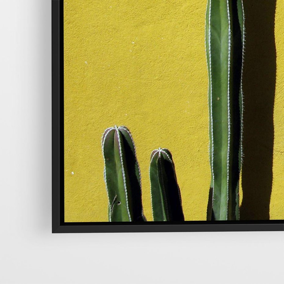 Obraz w ramie 100x70 - Refleksje w roślinnym odbiciu - zielone kaktusy na tle żółtej ściany, soczyste kolory - rama czarna