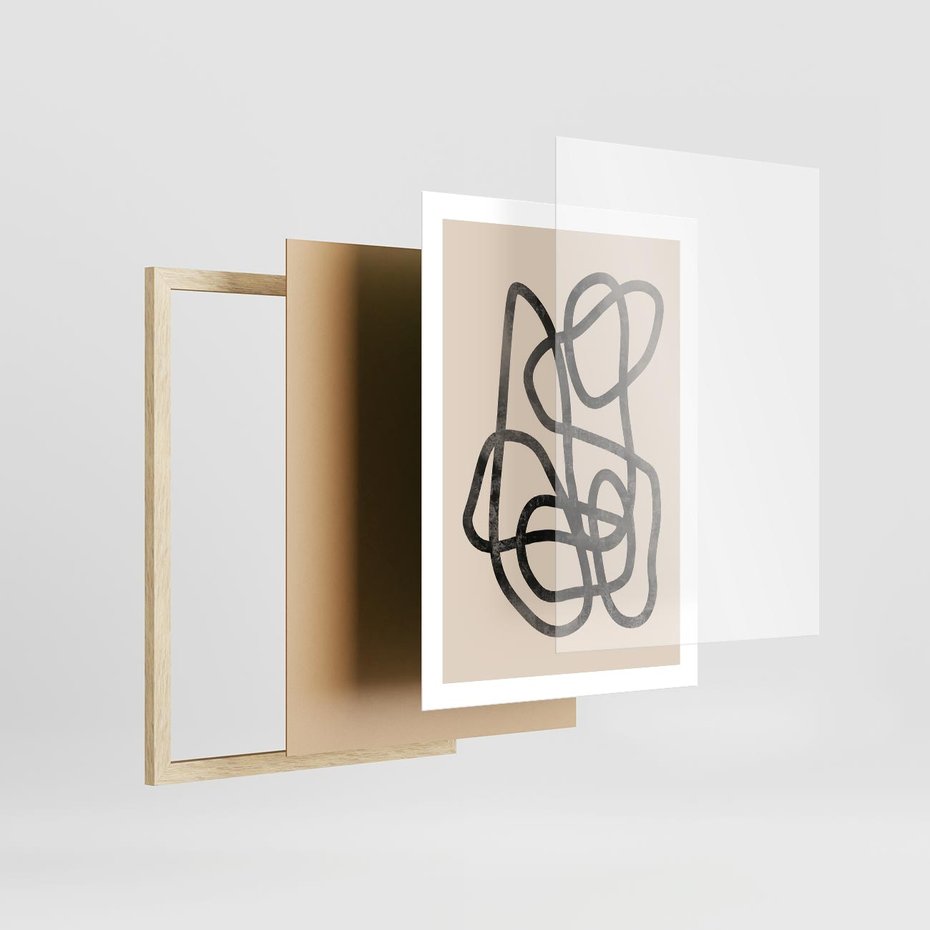 Plakat w ramie 50x70 - Przenikanie Wirtualnych Wymiarów - zaplątane minimalistyczne linie, na bezowym tle - rama drewno