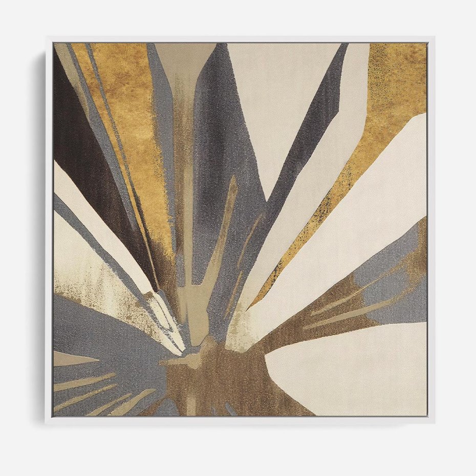 Obraz w ramie 50x50 - Szept roślinnych emocji - olejna abstrakcja, złoto i brąz - rama biała