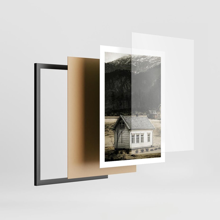 Plakat w ramie 50x70 - Ciepło i Urok Górskiego Domku - domek w górach, sepia - rama czarna