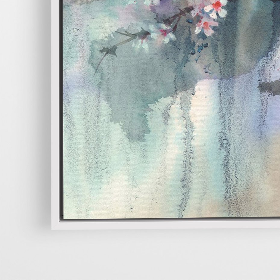 Obraz w ramie 50x70 - Efemeryczne Kwitnienie Drzew - akwarela, rozmyte pastelowe tłó - rama biała