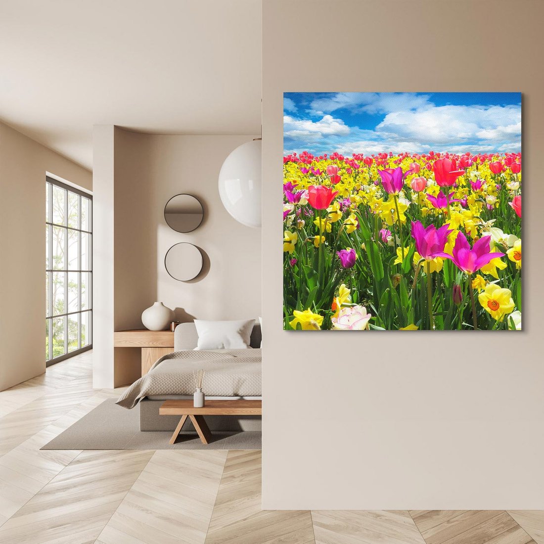 Obraz na płótnie 50x50 - tulipany na łące - kwiaty, tulipany
