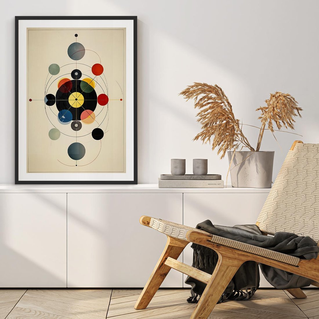 Plakat w ramie 40x50 - Bezgraniczny Taniec Światła - abstrakcyjna geometryczna kompozycja, koła linie - rama czarna