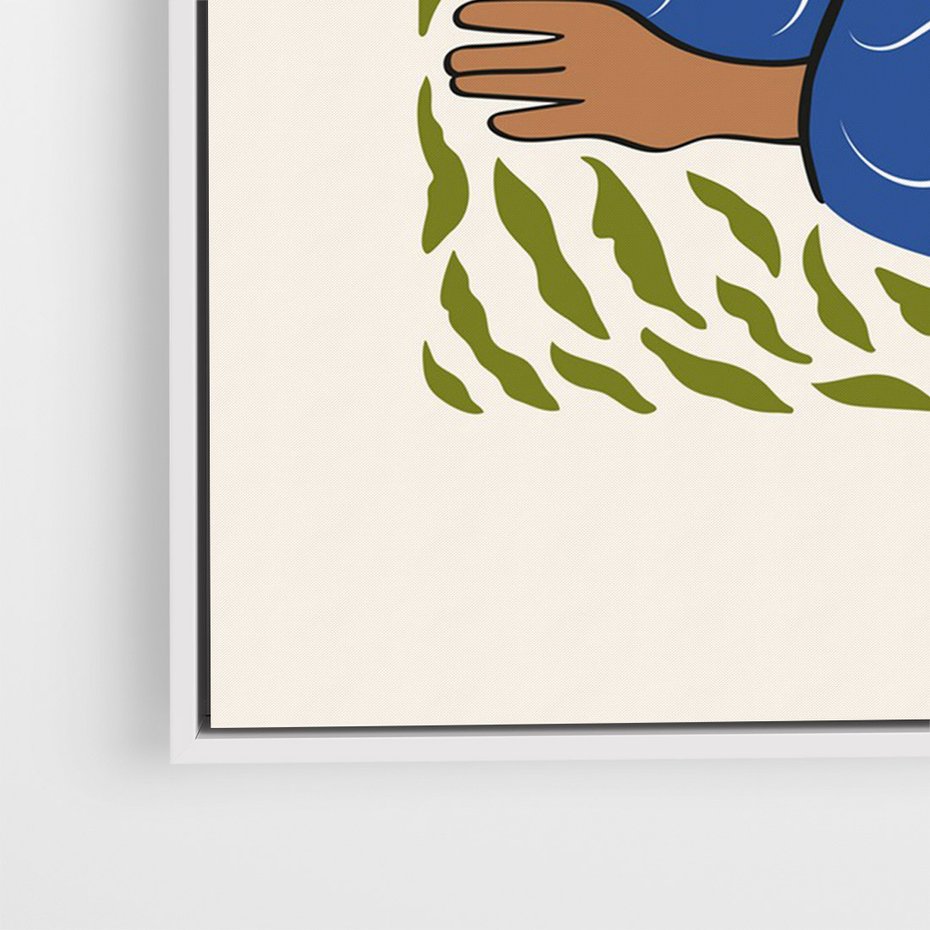 Obraz w ramie 70x100 - Rozbite Barwy - nowoczesny plakat, kobieta otoczona liśćmi - rama biała