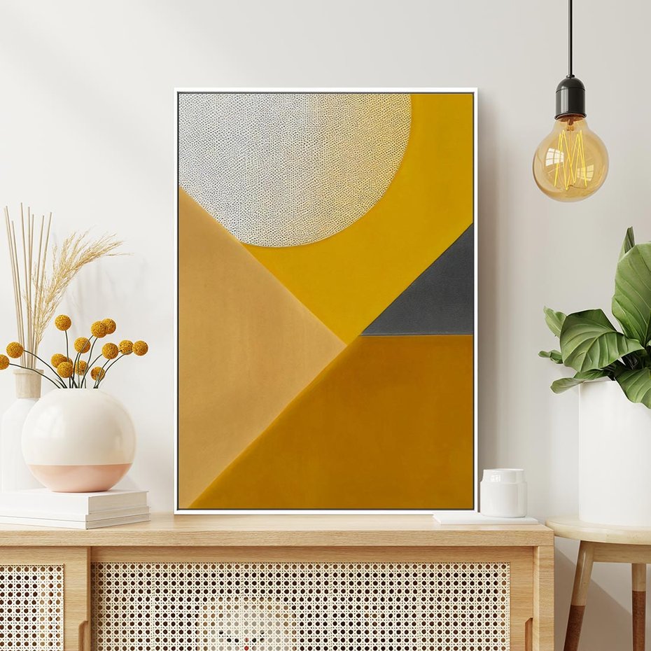 Obraz w ramie 80x120 - Harmonia migoczących ognisk - intensywne ciepłe kolory, słoneczny żółty - rama biała