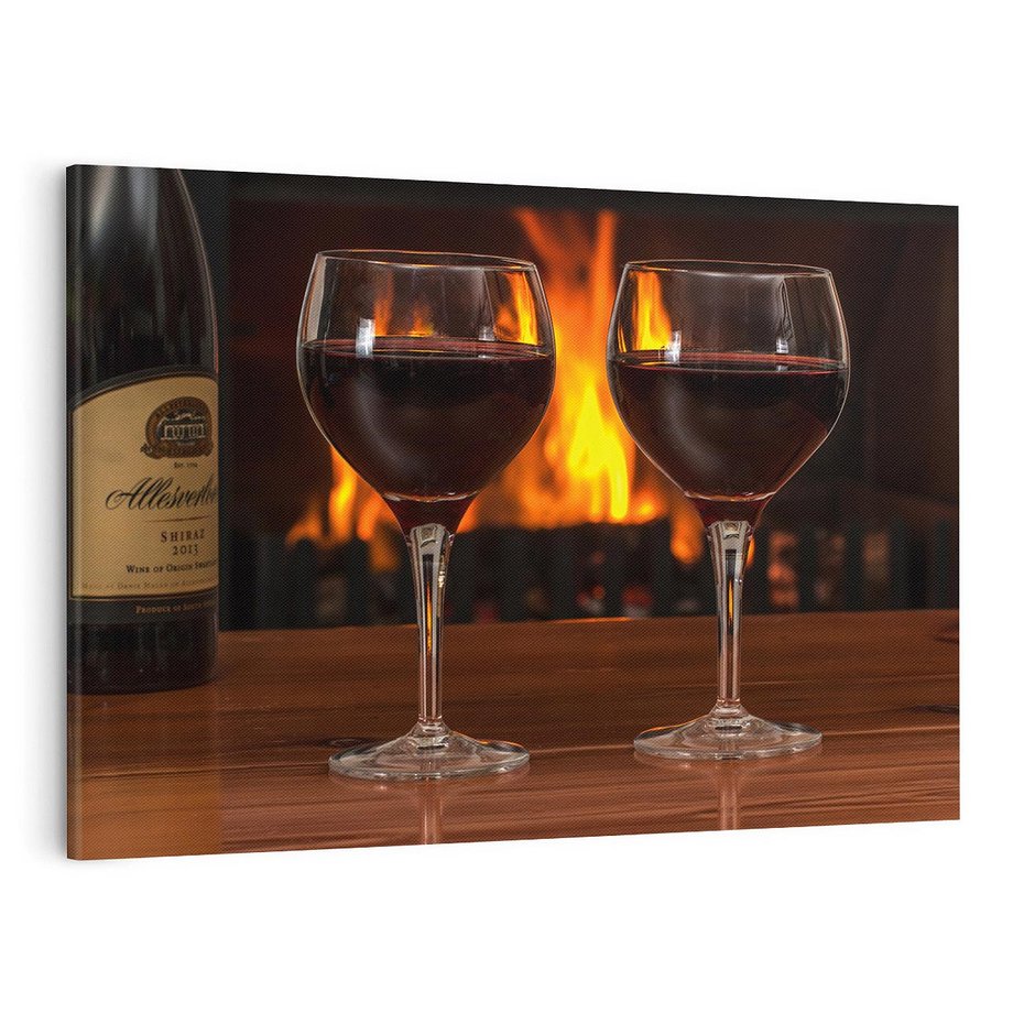Obraz na płótnie 120x80 - Wino, Kieliszki, Kominek - Wieczór Pełen Relaksu - wino, kieliszki