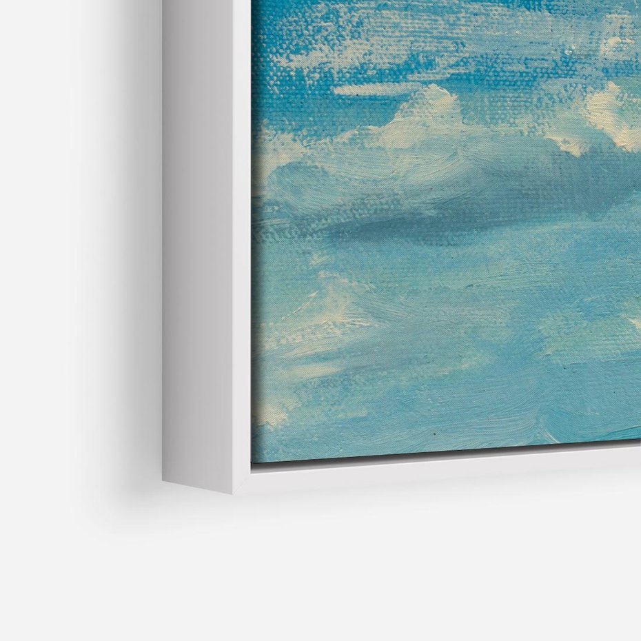 Obraz w ramie 80x80 - Oddechy niebiańskiej materii - olejny obraz, smugi farby przypominają obłoki na błękitnym niebie - rama biała