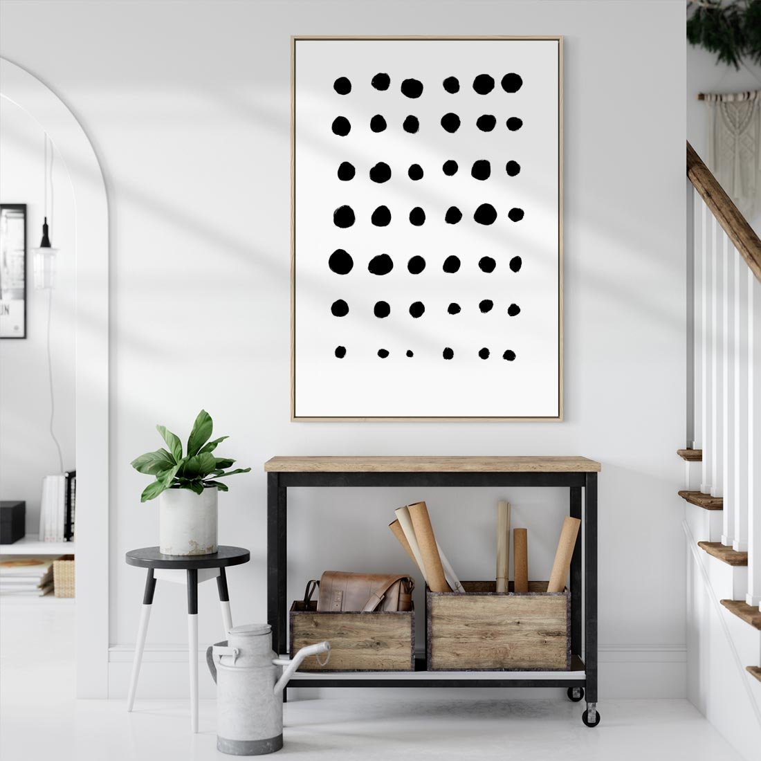 Obraz w ramie 80x120 - Refleksje Światła - minimalistyczna kompozycja, czarne kropkina białym tle - rama drewno