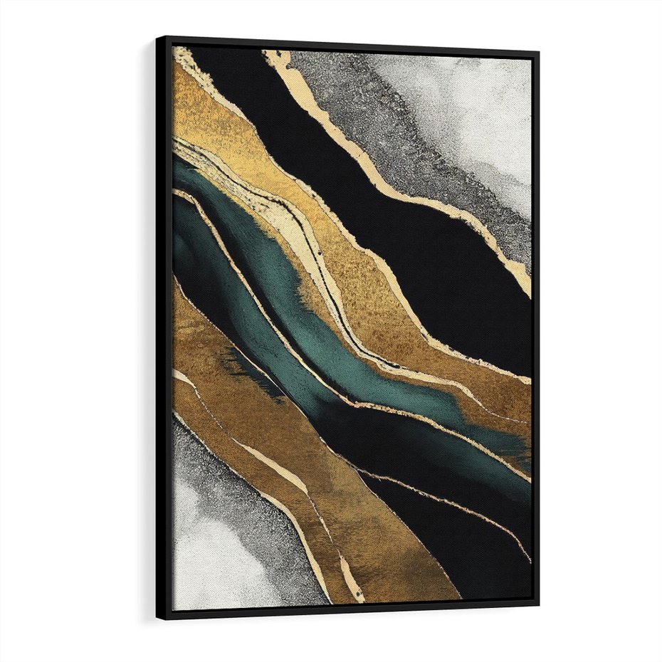 Obraz w ramie 50x70 - Refrakcje płynącej rzeczywistości - jak marmurowa rzeka, linie złota - rama czarna