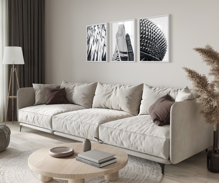 Zestaw obrazy w ramie 50x70 galeria - Nowoczesna, architektura, black, white - rama biała