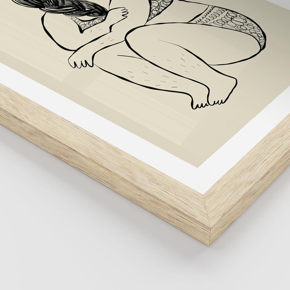 Plakat w ramie 40x50 - Migotliwe Refleksje - nowoczesny minimalistyczny rysunek, dziewczyna w bieliźnie - rama drewno