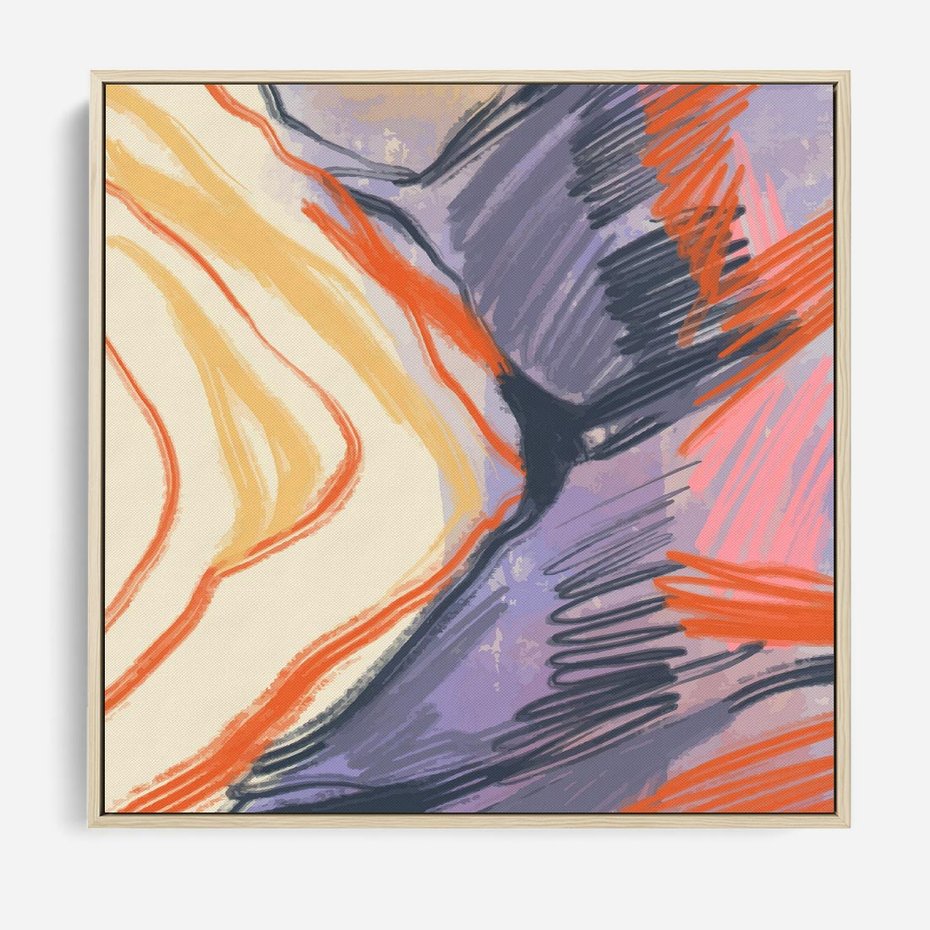 Obraz w ramie 80x80 - Pokreślony Świat - abstrakcyjne formy, odcienie pomarańczu i fioletu - rama drewno