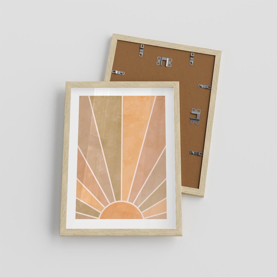 Plakat w ramie 30x40 - Grafika Boho w Odcieniach Pomarańczu - boho słońce, grafika - rama drewno