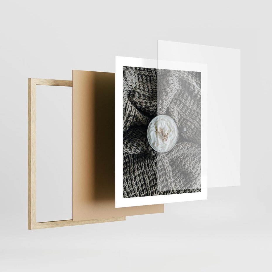 Plakat w ramie 40x50 - Relaks z Kawą i Kocem - ciepły wełniany koc, kawa z bitą śmietaną - rama drewno