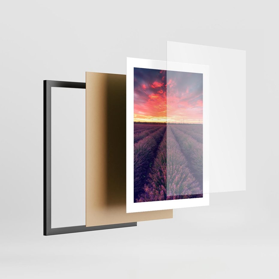 Plakat w ramie 30x40 - Różowe Niebo nad Polami - pola lawendy, zachód słońca - rama czarna