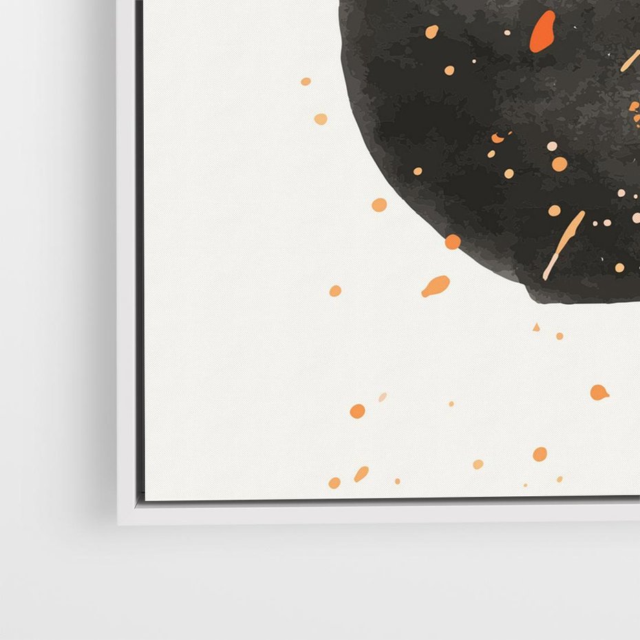 Obraz w ramie 50x50 - Wibracje Kolorów - abstrakcyjna czarna plama, rozsiane pomarańczowe kropki - rama biała