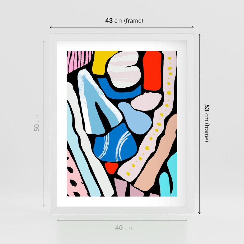 Plakat w ramie 40x50 - Kolory Na Czerni - abstrakcyjne formy, komiksowy styl - rama biała