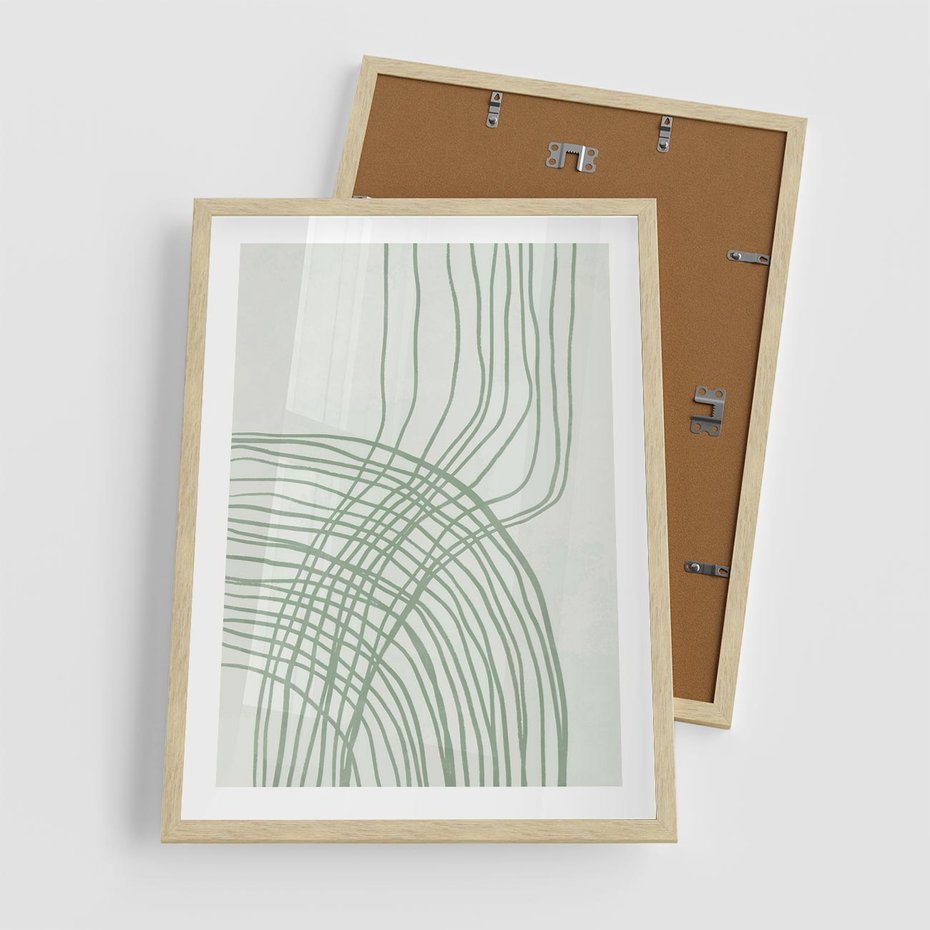 Plakat w ramie 50x70 - Migotliwa Spokojna Zieleń - zielony plakat, abstrakcyjne splątane linie - rama drewno